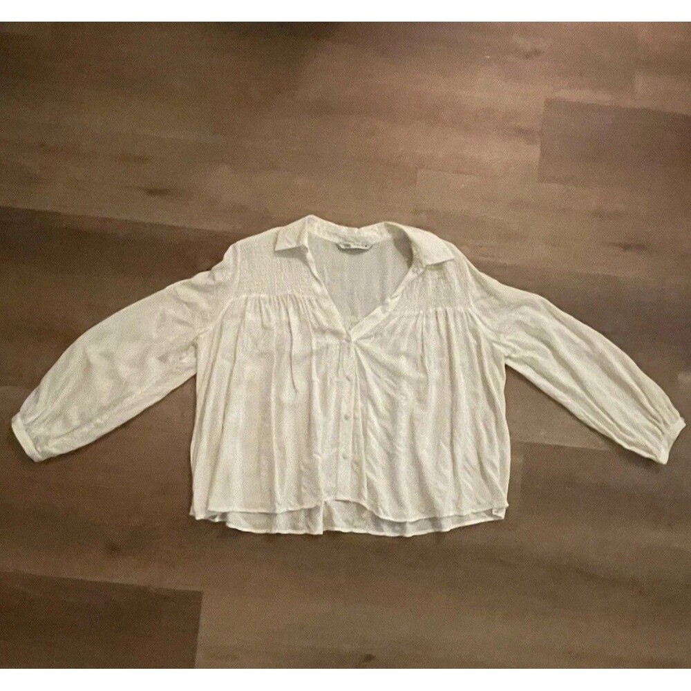 ZARA Womens White Striped V-Neck Long Sleeve Button Smocked Peplum Blouse M